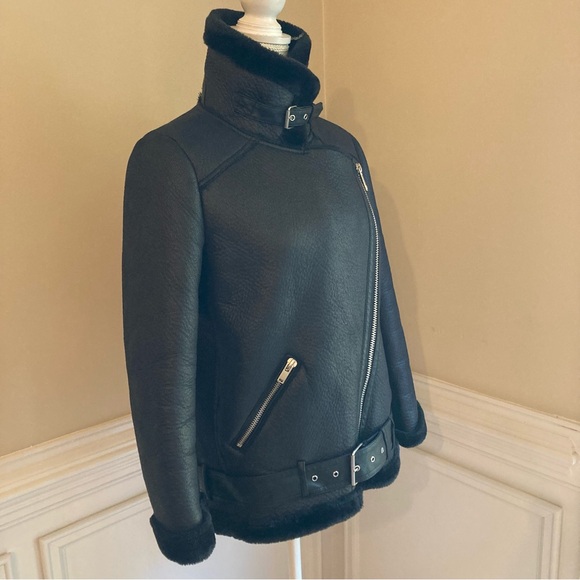 ZARA Black Faux Leather Fur Funnel Neck Moto Aviator Jacket Coat - Picture 11 of 16